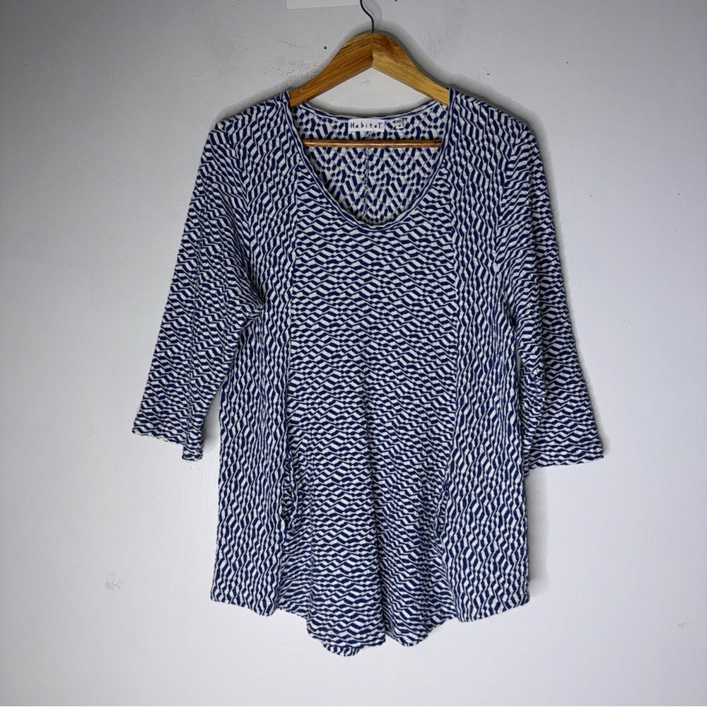 Habitat‎ Wave Top Shirt Blue White Abstract Print Half Sleeve Everyday Medium